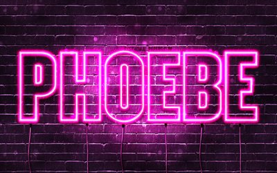 Phoebe, 4k, 壁紙名, 女性の名前, Phoebe名, 紫色のネオン, テキストの水平, 写真のPhoebe名