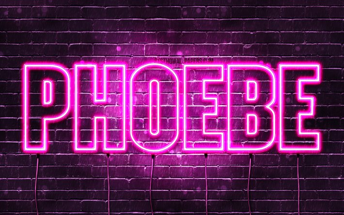 Phoebe, 4k, wallpapers with names, female names, Phoebe name, purple neon lights, horizontal text, picture with Phoebe name