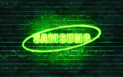 Samsung logotipo verde, 4k, verde brickwall, Logotipo da Samsung, marcas, Samsung neon logotipo, Samsung