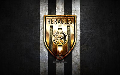 Heracles FC, golden logo, Eredivisie, black metal background, football, Heracles Almelo, Dutch football club, Heracles logo, soccer, Netherlands
