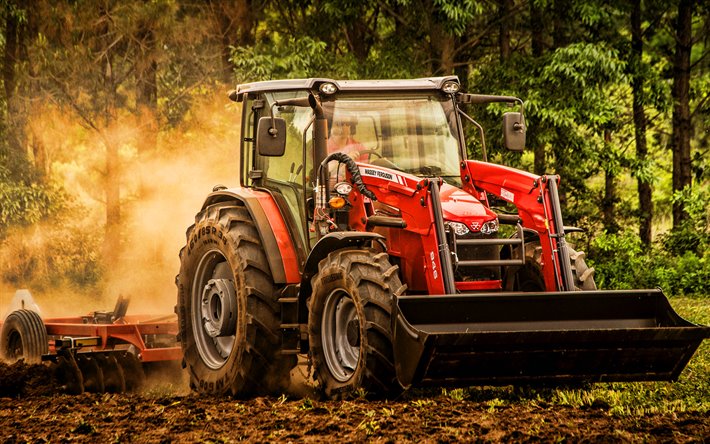 Massey Ferguson 6700 Series, arar el campo, HDR, 2019 tractores, maquinaria agr&#237;cola, rojo tractor, la agricultura, el Caso