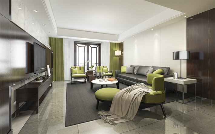 stylish living room interior, white green curtains, modern interior design, living room, black leather sofa, white-green living room
