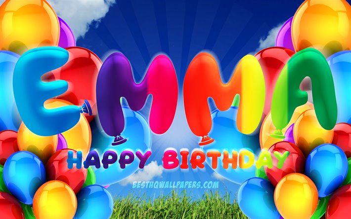 Emmaお誕生日おめで, 4k, 曇天の背景, ドイツの人気女性の名前, 誕生パーティー, カラフルなballons, Emma氏名, お誕生日おめでEmma, 誕生日プ, Emma誕生日, Emma