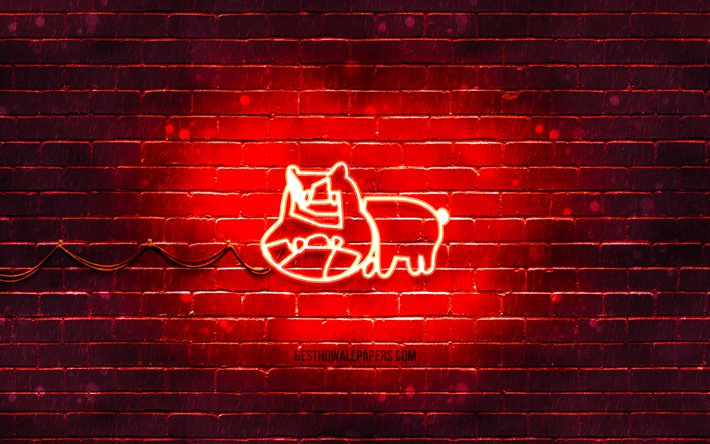 pig-neon-zeichen, 4k, chinesische sternzeichen, rot brickwall, schwein, sternzeichen, tiere, zeichen, chinesischen kalender, kreativ, chinesische tierkreiszeichen schwein