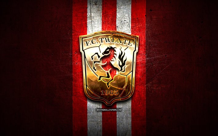 FC Twente, kultainen logo, Eredivisie, punainen metalli tausta, jalkapallo, Hollantilainen jalkapalloseura, FC Twente-logo, Alankomaat