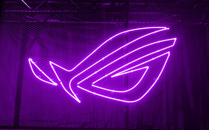 4k, RoG紫ロゴ, 3Dアート, 共和国のユーザー, 金属製グリッドの背景, RoGネオンのロゴ, ASUS, 創造, RoG