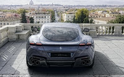 2020, Ferrari, Rooma, takaa katsottuna, ulkoa, uusi superauto, uusi harmaa Roma, italian urheiluautoja