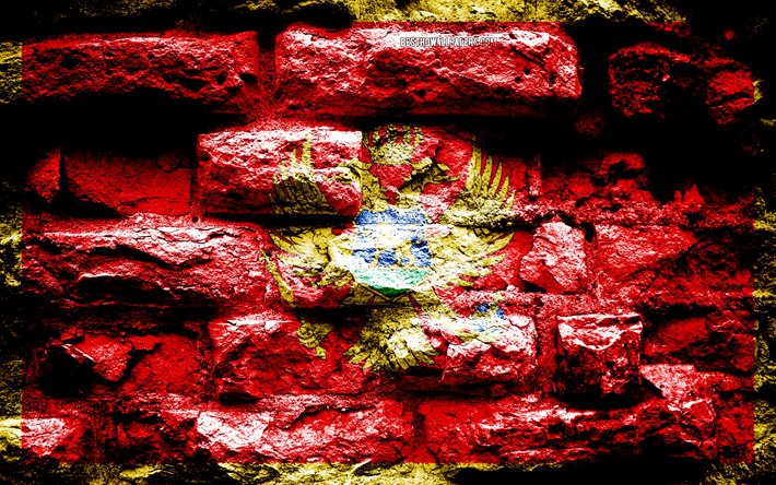 الجبل الأسود العلم, الجرونج الطوب الملمس, علم الجبل الأسود, علم على جدار من الطوب, الجبل الأسود, أوروبا, أعلام الدول الأوروبية