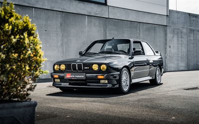 BMW M3 E30, nero sport coupe, retr&#242;, auto sportive, tuning M3, nero M3, BMW