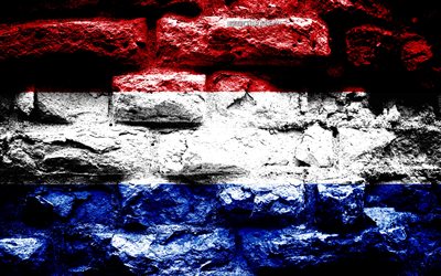 Netherlands flag, grunge brick texture, Flag of Netherlands, flag on brick wall, Netherlands, Europe, flags of european countries