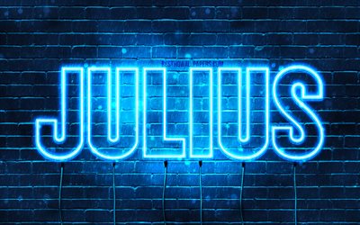 Julius, 4k, tapeter med namn, &#246;vergripande text, Julius namn, bl&#229;tt neonljus, bild med Julius namn
