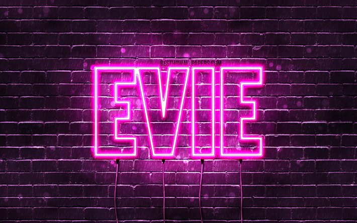 Evie, 4k, fondos de pantalla con los nombres, los nombres femeninos, Evie nombre, p&#250;rpura luces de ne&#243;n, el texto horizontal, imagen con Evie nombre