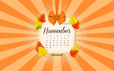 2020 novembre Calendrier, fond orange, automne 2020 calendriers, novembre 2020 calendriers, les feuilles d&#39;automne, style r&#233;tro, novembre 2020, Calendrier, calendrier avec des feuilles