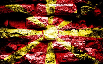 El norte de Macedonia bandera, grunge textura de ladrillo, la Bandera de Norte de Macedonia, de la bandera en la pared de ladrillo, en el Norte de Macedonia, Europa, las banderas de los pa&#237;ses europeos