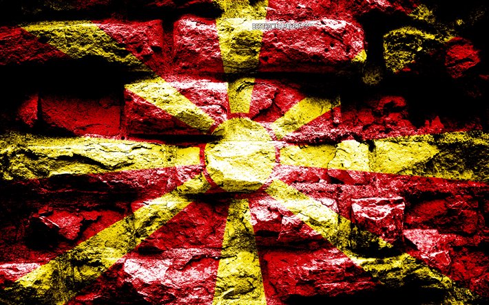 nord-mazedonien flagge, grunge-ziegel-textur, die flagge der nord-mazedonien-flagge auf mauer, nord-mazedonien, europa, flaggen der europ&#228;ischen l&#228;nder