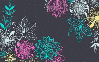 retro flor textura, fondo gris con flores, retro fondos florales, la textura, la textura de la flor