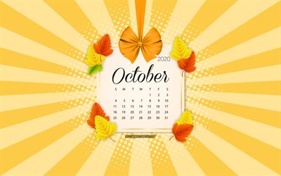 2020 Oktober Kalender, orange bakgrund, h&#246;sten 2020 kalendrar, Oktober, 2020 kalendrar, h&#246;stl&#246;v, retro stil, Oktober 2020 Kalender, kalender med blad