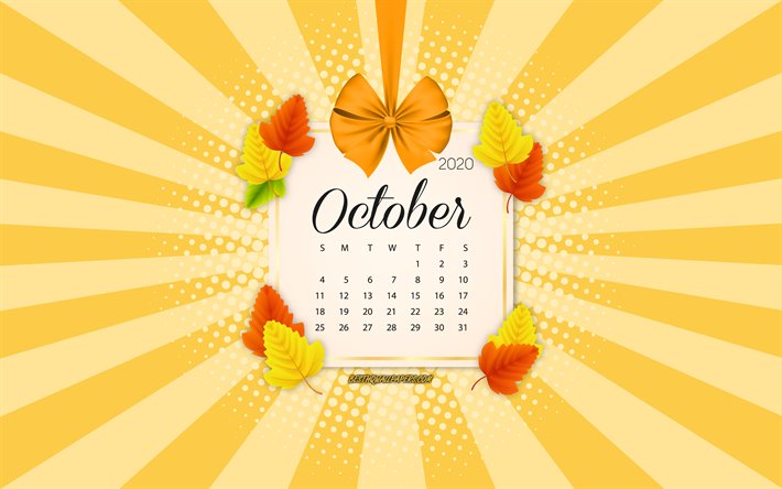 2020 Calendario de octubre, fondo naranja, oto&#241;o 2020 calendarios de octubre de 2020, calendarios, hojas de oto&#241;o, de estilo retro, de octubre de 2020 Calendario, el calendario con las hojas