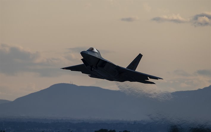 Boeing F-22 Raptor, american fighter, sunset, evening, F-22, military aircraft, US Air Force, USA