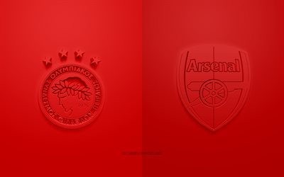 O Olympiacos Piraeus vs Arsenal FC, A UEFA Europa League, Logotipos 3D, materiais promocionais, fundo vermelho, Liga Europa, partida de futebol, O Arsenal FC, O Olympiacos Piraeus