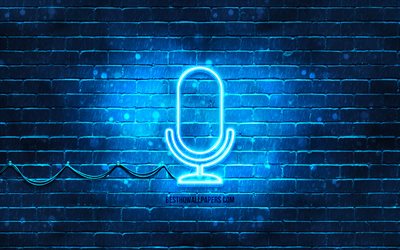 Studio microphone neon icon, 4k, blue background, neon symbols, Studio microphone, creative, neon icons, Studio microphone sign, music signs, Studio microphone icon, music icons