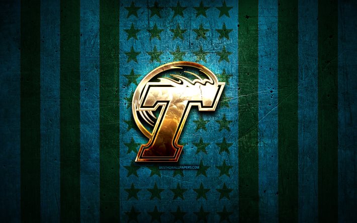 Tulane Green Wave flag, NCAA, blue black metal background, american football team, Tulane Green Wave logo, USA, american football, golden logo, Tulane Green Wave