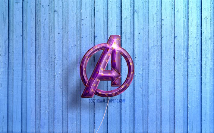 4k, logo Avengers, ballons violets r&#233;alistes, super-h&#233;ros, logo 3D Avengers, fonds en bois bleu, Vengeurs