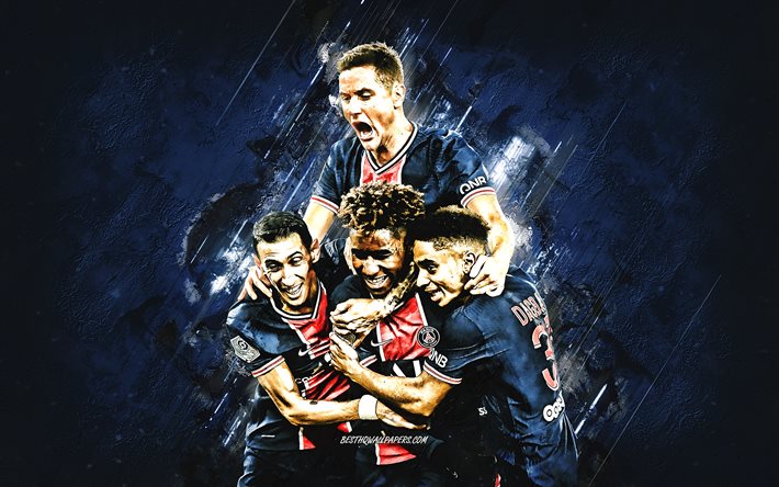PSG, Angel Di Maria, Timothee Pembele, Ander Herrera, Colin Dagba, Paris Saint-Germain, football, blue stone background, France