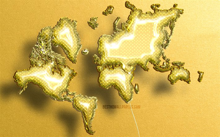 4k, 黄色のリアルなバルーンの世界地図, 黄色の石の背景, 3Dマップ, 世界地図の概念, creative クリエイティブ, 黄色の風船, ワールドマップ, 黄色の世界地図, 世界地図