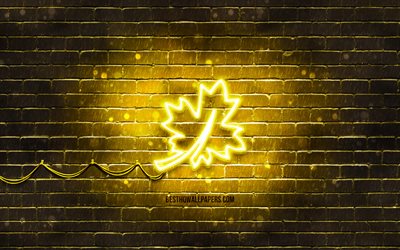 yellow neon icon, 4k, yellow background, neon symbols, Leaf, neon icons, Leaf sign, ecology signs, Leaf icon, ecology icons