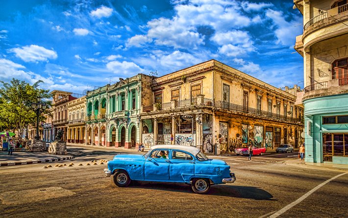 Havana, 4k, sokaklar, k&#252;ba şehirleri, mavi araba, HDR, K&#252;ba, şehir manzaraları