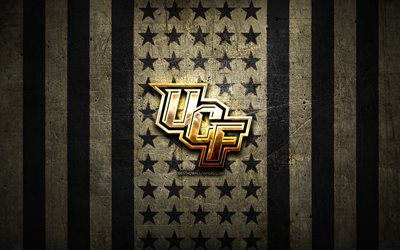 UCF Knights flag, NCAA, brown black metal background, american football team, UCF Knights logo, USA, american football, golden logo, UCF Knights
