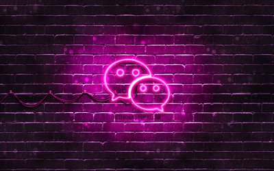 Logotipo WeChat roxo, 4k, parede de tijolos roxa, logotipo WeChat, redes sociais, logotipo WeChat neon, WeChat