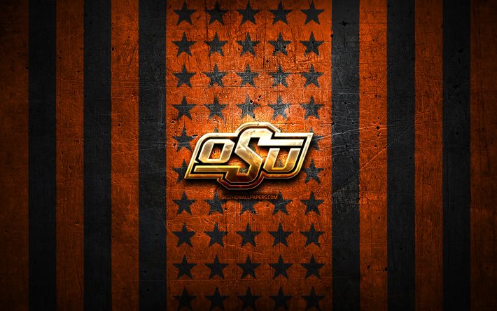 Bandeira do Oklahoma State Cowboys, NCAA, fundo laranja preto metal, time de futebol americano, logotipo do Oklahoma State Cowboys, futebol americano, logotipo dourado, Oklahoma State Cowboys