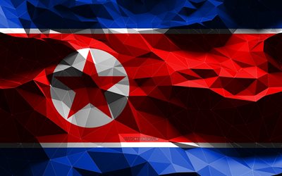 4k, nordkoreanische flagge, niedrige polykunst, asiatische l&#228;nder, nationale symbole, flagge von nordkorea, 3d-flaggen, nordkorea-flagge, nordkorea, asien, nordkorea 3d-flagge