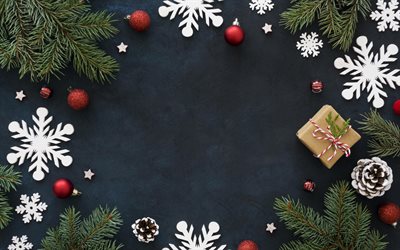 Christmas frame, gray stone texture, Christmas decorations, frame with Christmas balls