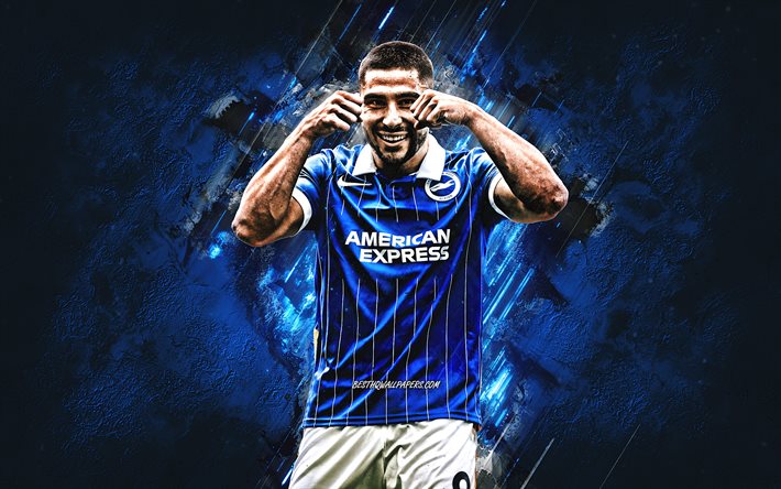 Neal Maupay, Brighton Hove Albion FC, french footballer, portrait, blue stone background, football