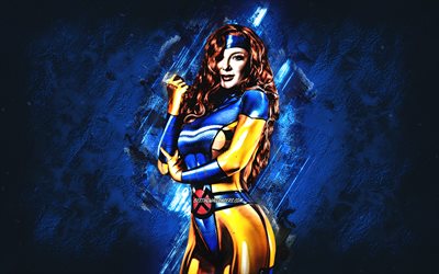 Jean Grey, Cyberpunk 2077, fundo de pedra azul, personagens Cyberpunk 2077, arte criativa, Jean Grey Cyberpunk
