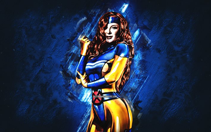 Jean Grey, Cyberpunk 2077, blue stone background, Cyberpunk 2077 characters, creative art, Jean Grey Cyberpunk