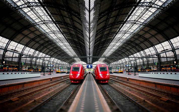 La gare d&#39;Amsterdam Centraal, gare, Amsterdam, trains modernes, trains &#233;lectriques, Hollande du Nord, Pays-Bas