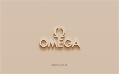 Logo Omega, fond de pl&#226;tre brun, logo Omega 3d, marques, embl&#232;me Omega, art 3d, Omega