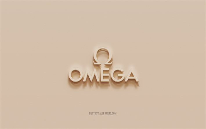 Logotipo Omega, fundo de gesso marrom, logotipo Omega 3D, marcas, emblema Omega, arte 3D, Omega