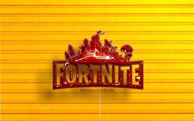 Fortnite logo, 4K, red realistic balloons, games brands, Fortnite 3D logo, Fortnite Battle Royale, yellow wooden backgrounds, Fortnite