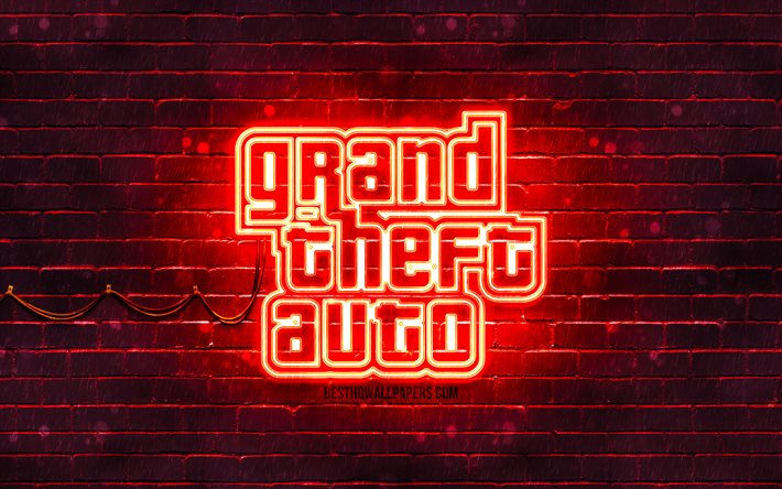 Logo rosso GTA, 4k, muro di mattoni rossi, Grand Theft Auto, logo GTA, logo neon GTA, GTA, logo Grand Theft Auto