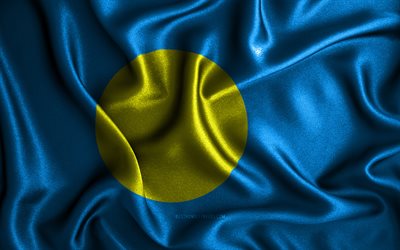Palau flagga, 4k, v&#229;giga siden flaggor, Oceaniska l&#228;nder, nationella symboler, tyg flaggor, 3D konst, Palau, Oceanien, Palau 3D flagga