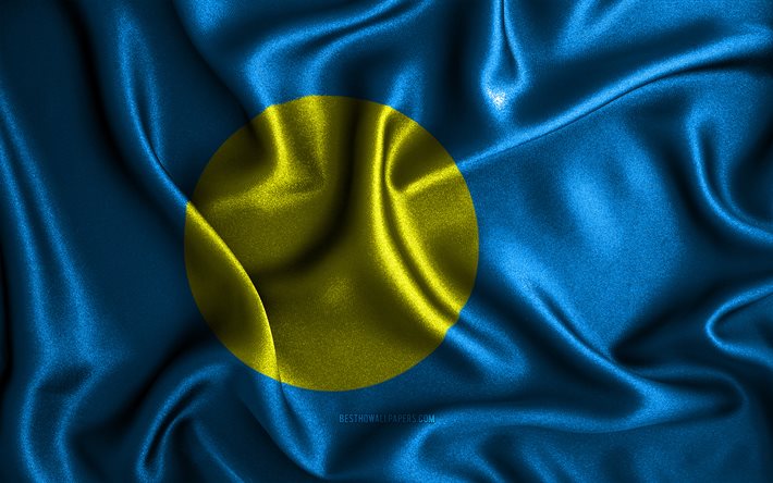 Palau flag, 4k, silk wavy flags, Oceanian countries, national symbols, Flag of Palau, fabric flags, 3D art, Palau, Oceania, Palau 3D flag