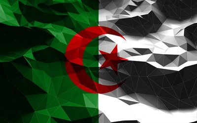 4k, Cezayir bayrağı, d&#252;ş&#252;k poli sanat, Afrika &#252;lkeleri, ulusal semboller, Cezayir Bayrağı, 3D bayraklar, Cezayir, Afrika, Cezayir 3D bayrak