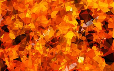 orange mosaik, 4k, mosaik-texturen, orange niedriger poly-hintergrund, mosaikmuster, niedrige poly-texturen, geomterische texturen, orange hintergrund