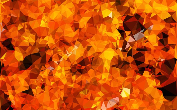 turuncu mozaik, 4k, mozaik dokular, turuncu d&#252;ş&#252;k poli arka plan, mozaik desenler, d&#252;ş&#252;k poli dokular, jeomterik dokular, turuncu arka planlar