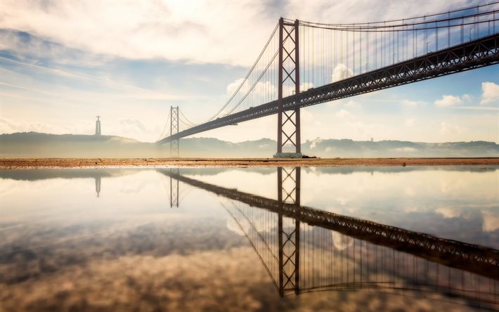 25 de Abrilin silta, Lissabon, 25 huhtikuuta silta, Tagus-joki, aamu, auringonnousu, riippusilta, Portugali